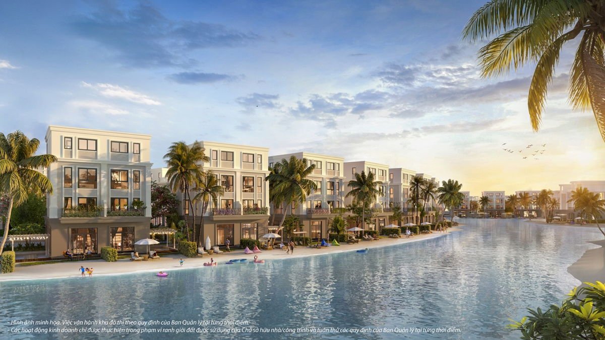 Dãy nhà phố ven bờ hồ lúc hoàng hôn, phối cảnh minh họa của chủ đầu tư tại Vinhomes Green Paradise Cần Giờ