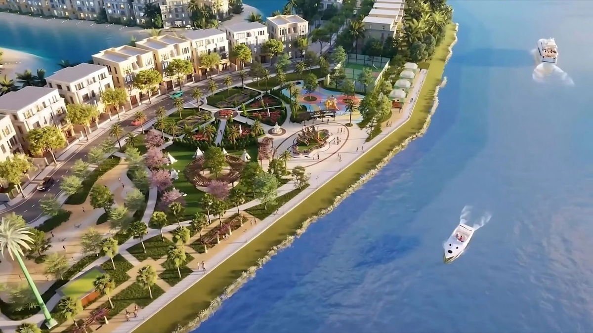 Phối cảnh nhà phố ven mặt nước nhìn từ trên cao tại Vinhomes Green Paradise Cần Giờ