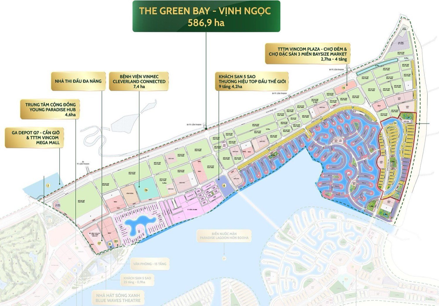 Mặt bằng tổng thể phân khu Vịnh Ngọc The Green Bay 586,9 ha với vị trí ga, bệnh viện và khu thương mại