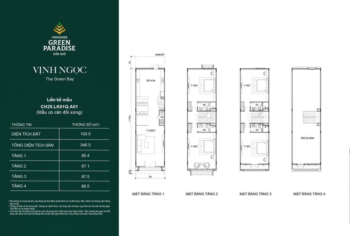 Mặt bằng mẫu liền kề CH25.LK01Q.A01 phân khu Vịnh Ngọc, đất 100 m², tổng diện tích sàn 346,5 m², bốn tầng