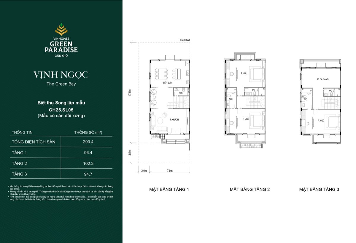 Mặt bằng mẫu biệt thự song lập CH25.SL05 phân khu Vịnh Ngọc, tổng diện tích sàn 293,4 m², ba tầng